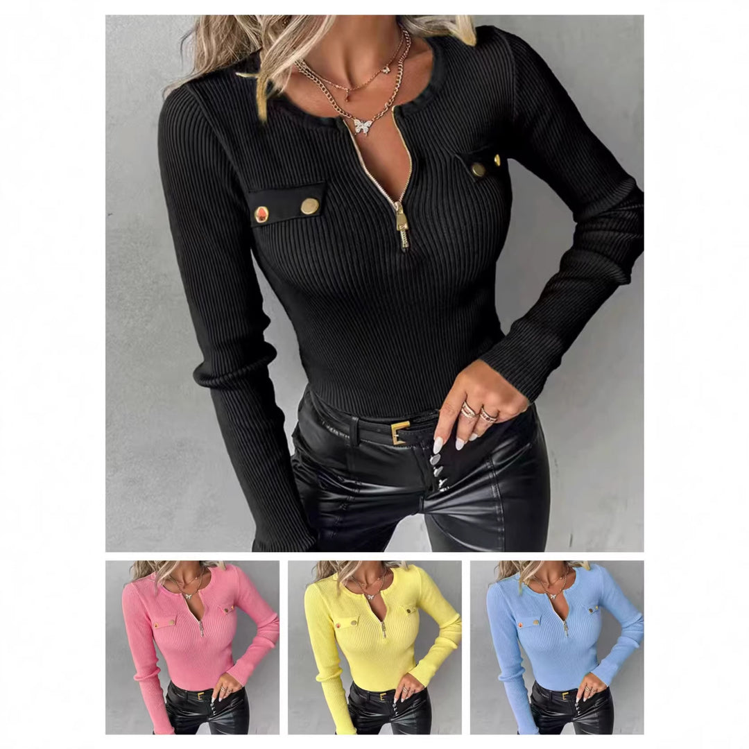 Women's Sporty Long Sleeve Shirt with Zipper Mune Fashion