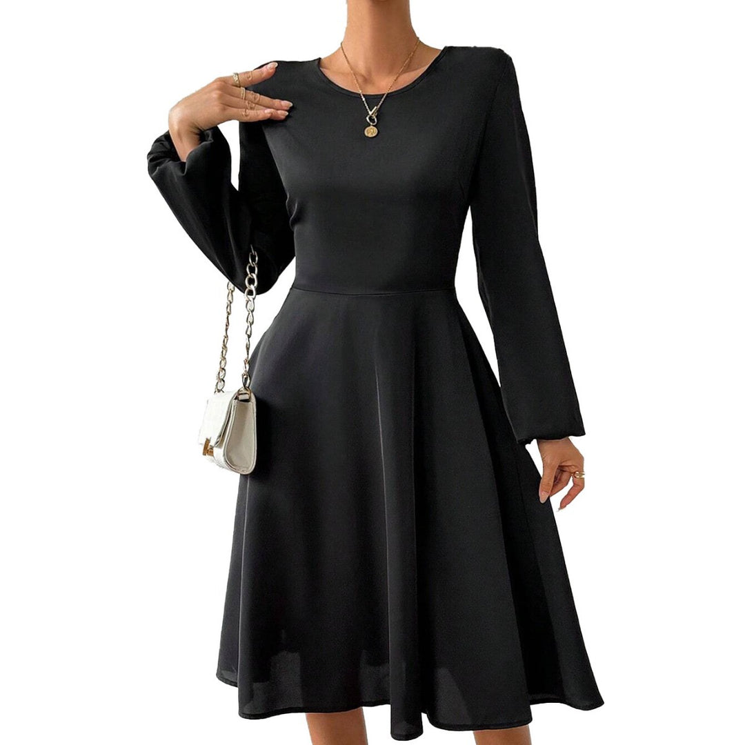 Women's elegant midi dress with tailored corset look, flared A-line skirt, and long flared sleeves Mune Fashion