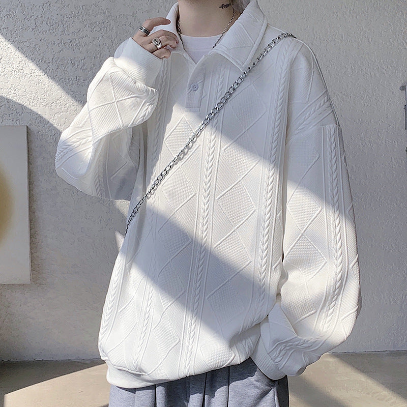 Men's Oversize Polo Knit Sweater with Diamond and Cable Knit Structure Mune Fashion