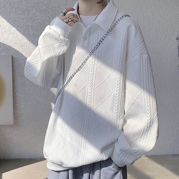 Men's Oversize Polo Knit Sweater with Diamond and Cable Knit Structure Mune Fashion