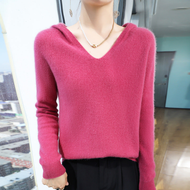 Women Cozy Hooded Sweater in Angora Look with Fine Ribbed Band Mune Fashion