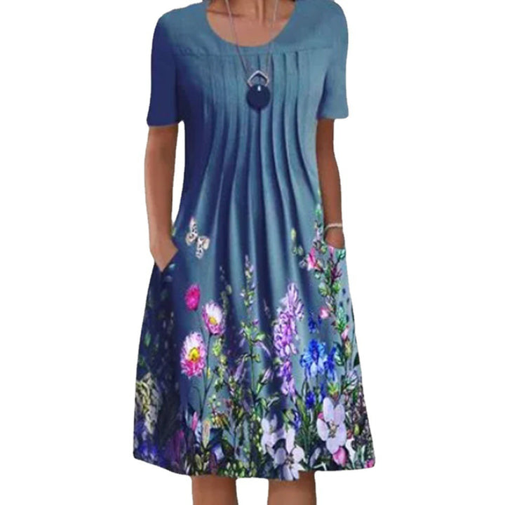 Women Pleated Midi Dress with Short Sleeves, Side Pockets and Floral Hem Mune Fashion