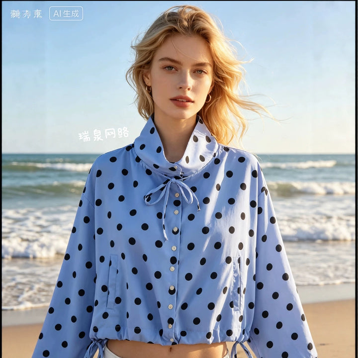 Women's Light Blouse with Polka Dot, Feminine Puff Sleeve and Full Button Placket Mune Fashion