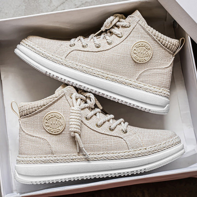 Women's high casual sneakers with mottled textile upper material, braided jute decorative edge, and cushioned platform sole Mune Fashion