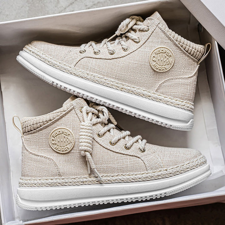 Women's high casual sneakers with mottled textile upper material, braided jute decorative edge, and cushioned platform sole Mune Fashion