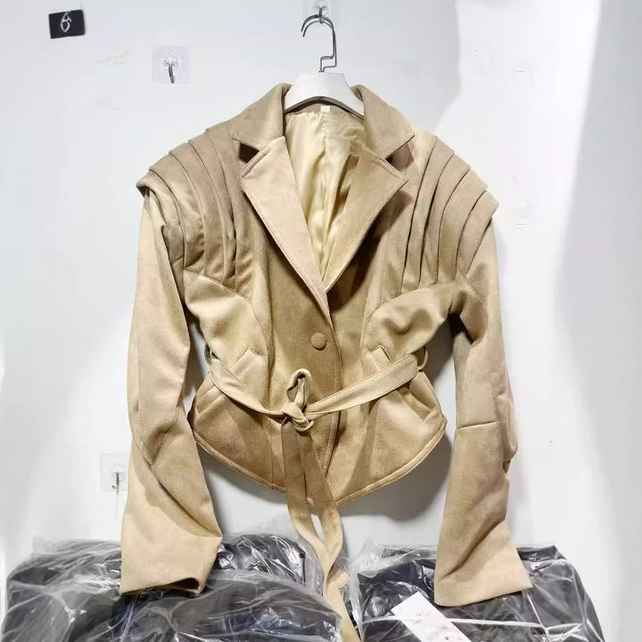 Women's tailored suede blazer with pleated shoulder details and tie belt Mune Fashion