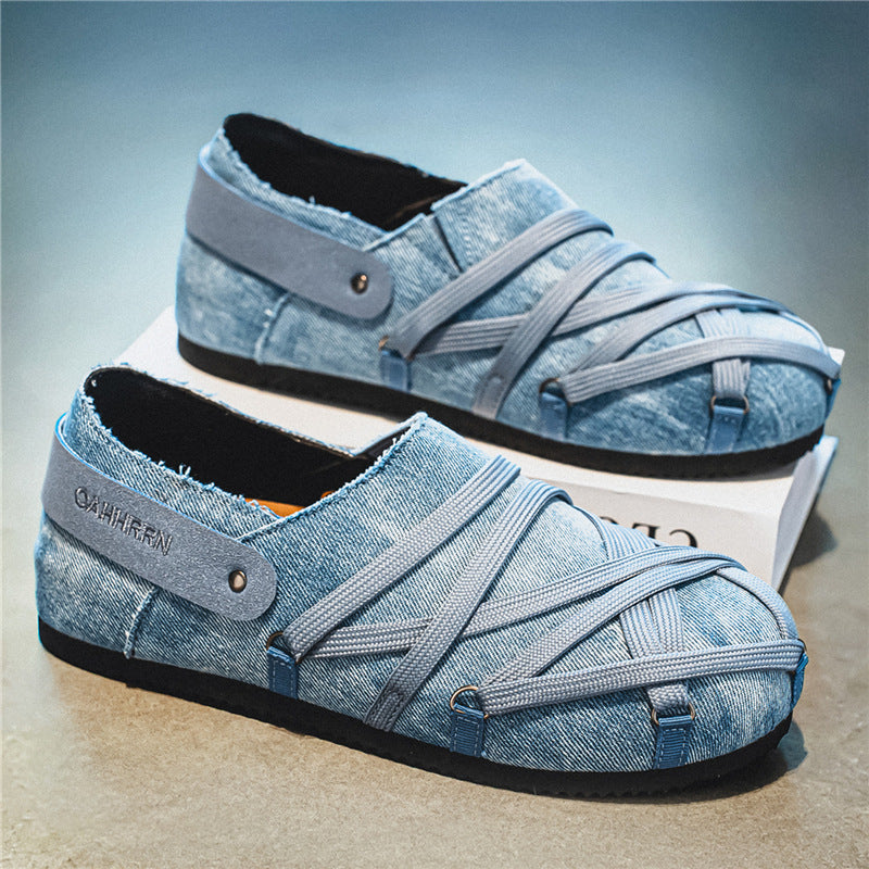 Men's casual slippers in denim look with elastic straps, adjustable heel strap and profiled rubber sole Mune Fashion