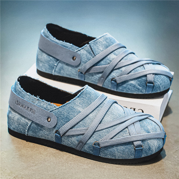 Men's casual slippers in denim look with elastic straps, adjustable heel strap and profiled rubber sole Mune Fashion