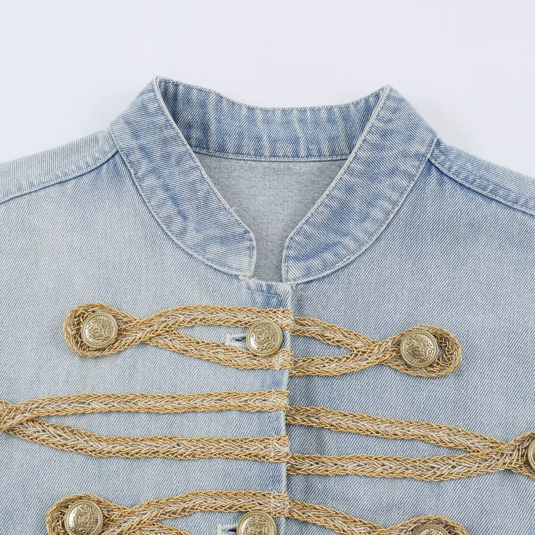 Ladies short-cut denim jacket in military style with decorative cord appliqués Mune Fashion