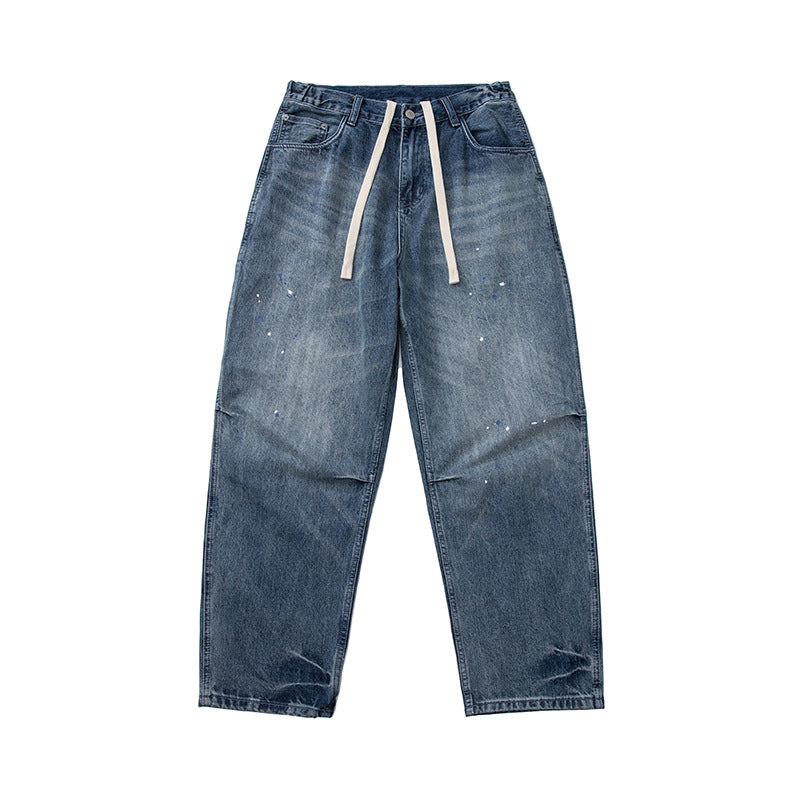 Women's Loose-Fit High-Waist Jeans with Drawstring, Color-Splatter and Vintage Wash Mune Fashion