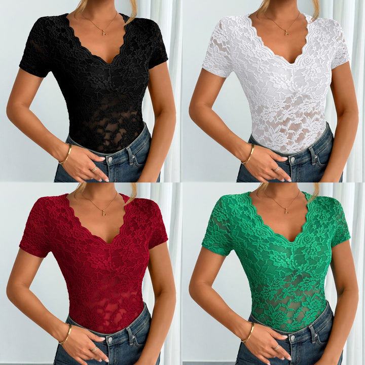 Women's patterned lace body with curved V-neckline and short sleeves Mune Fashion
