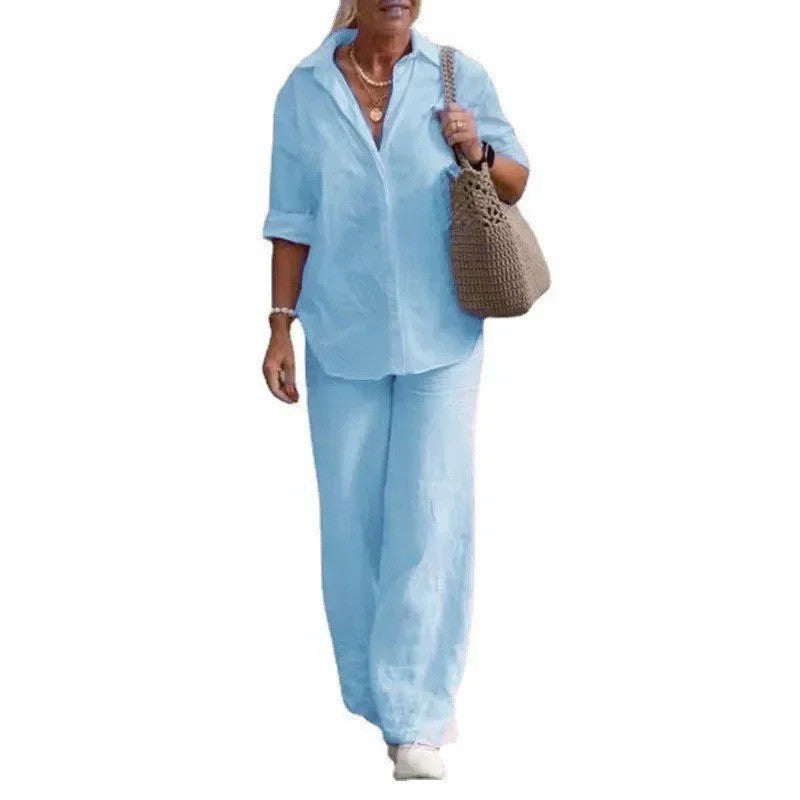 Women's Lightweight Linen Loungewear Set with Open Shirt Collar and Wide Palazzo Pants Mune Fashion