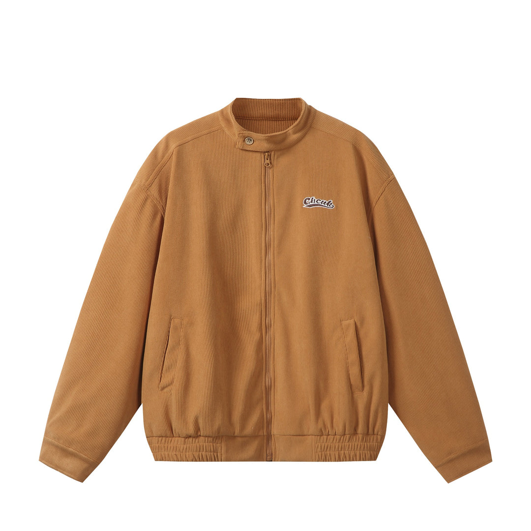 Unisex loose-fitting corduroy blouson jacket with stand-up collar, full-length zipper, and elastic hem Mune Fashion