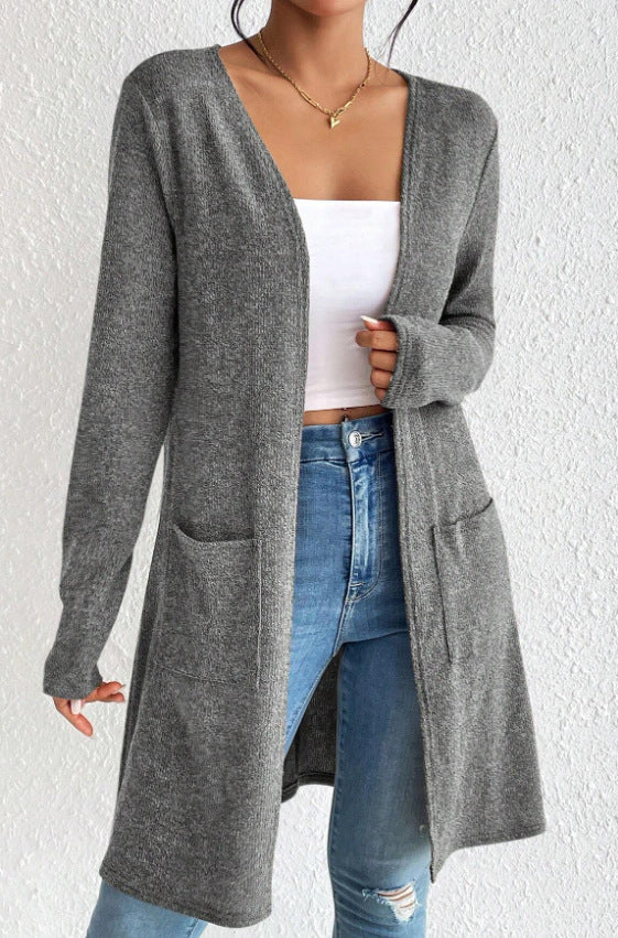 Women's open long cardigan with patch pockets and soft fine knit Mune Fashion