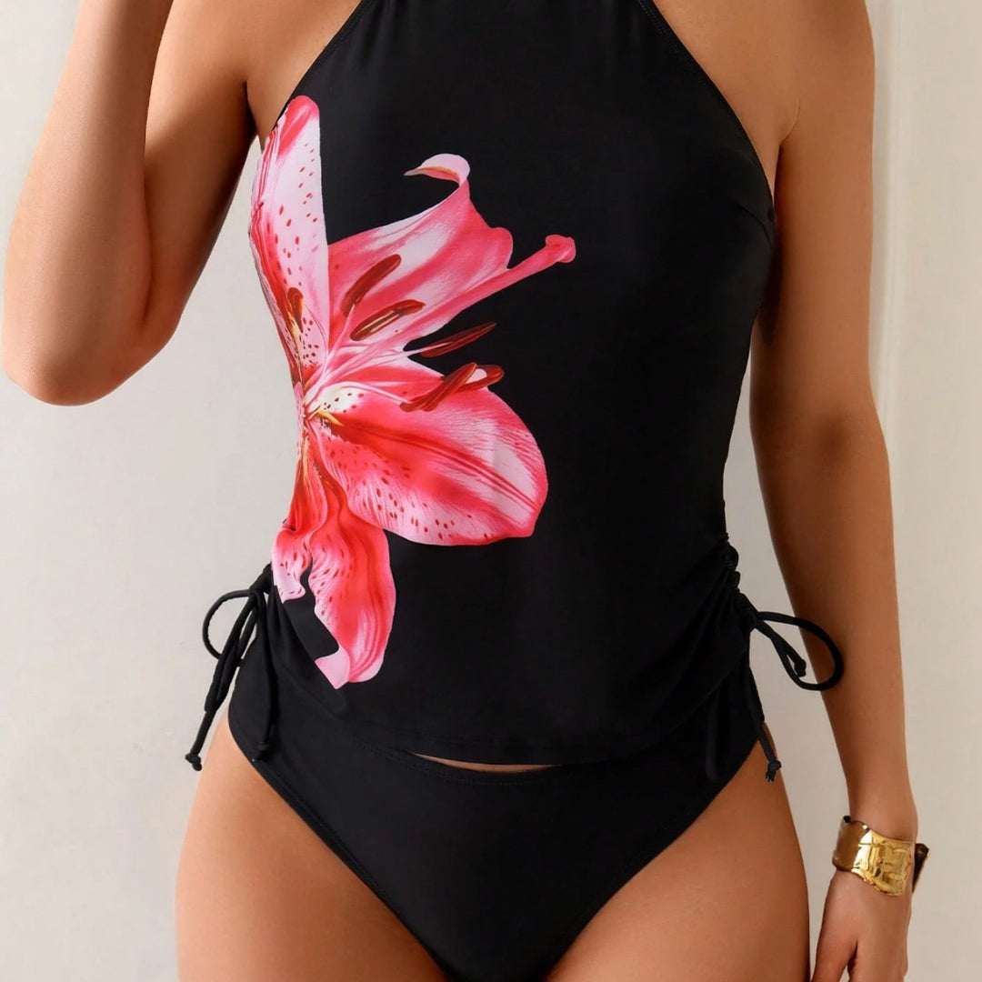 Women's Tankini Set with Playful Floral Pattern and Side Ties Mune Fashion