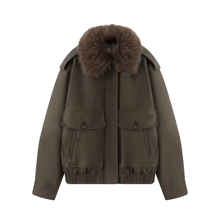 Women's padded bomber jacket in aviator look with removable faux fur collar and flap pockets Mune Fashion
