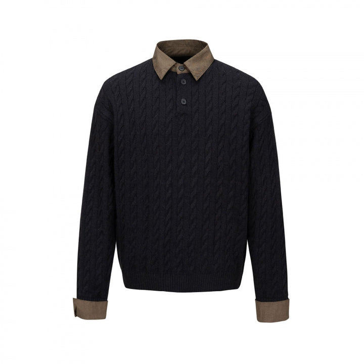 Men's Structured Cable Knit Henley Sweater with Contrast Shirt Collar and Cuff Turn-ups Mune Fashion