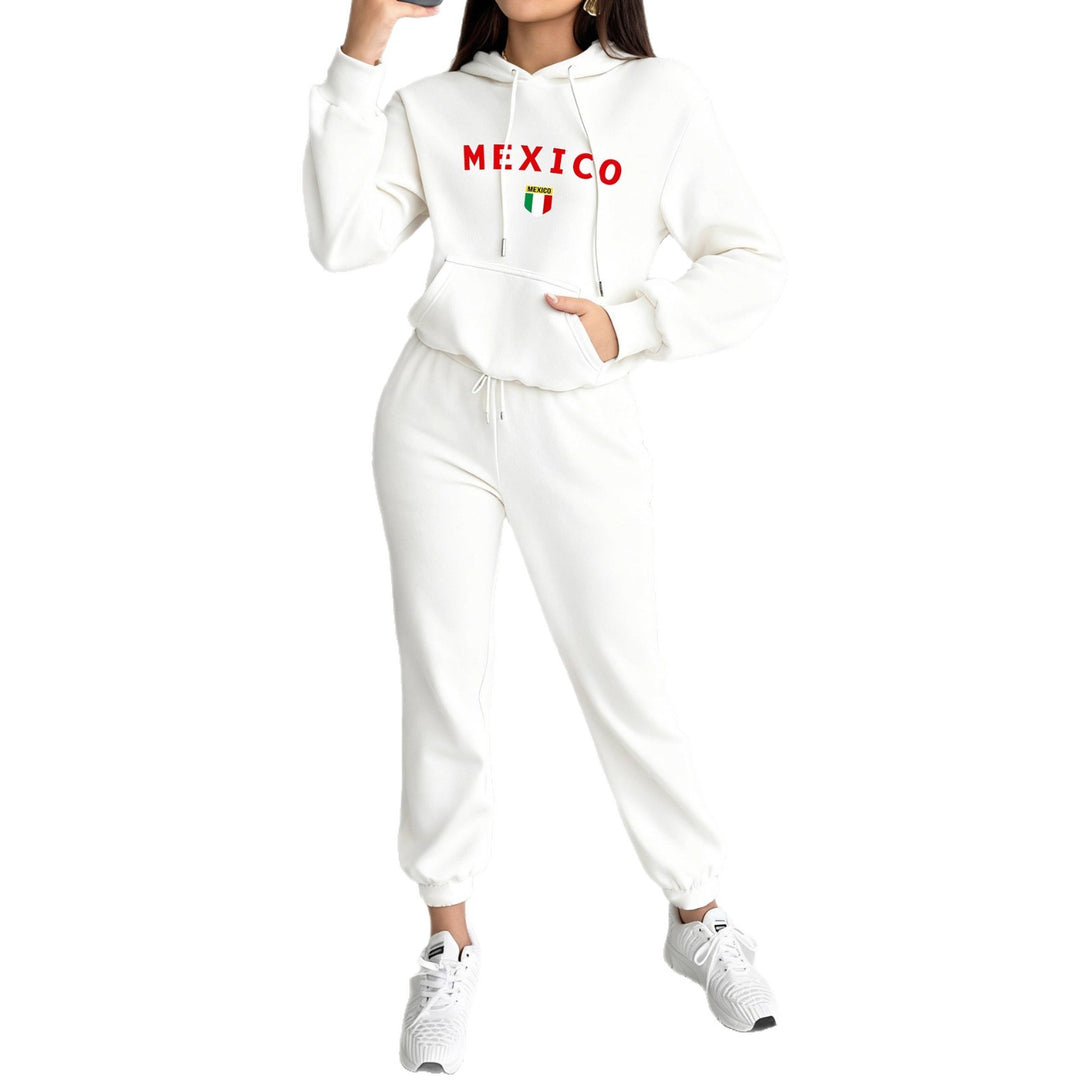 Women's cozy hoodie jogging suit set with hood, kangaroo pocket, soft brushed interior lining and Mexico print Mune Fashion