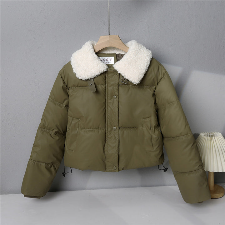 Women's short quilted winter jacket with wide teddy collar and drawstring Mune Fashion