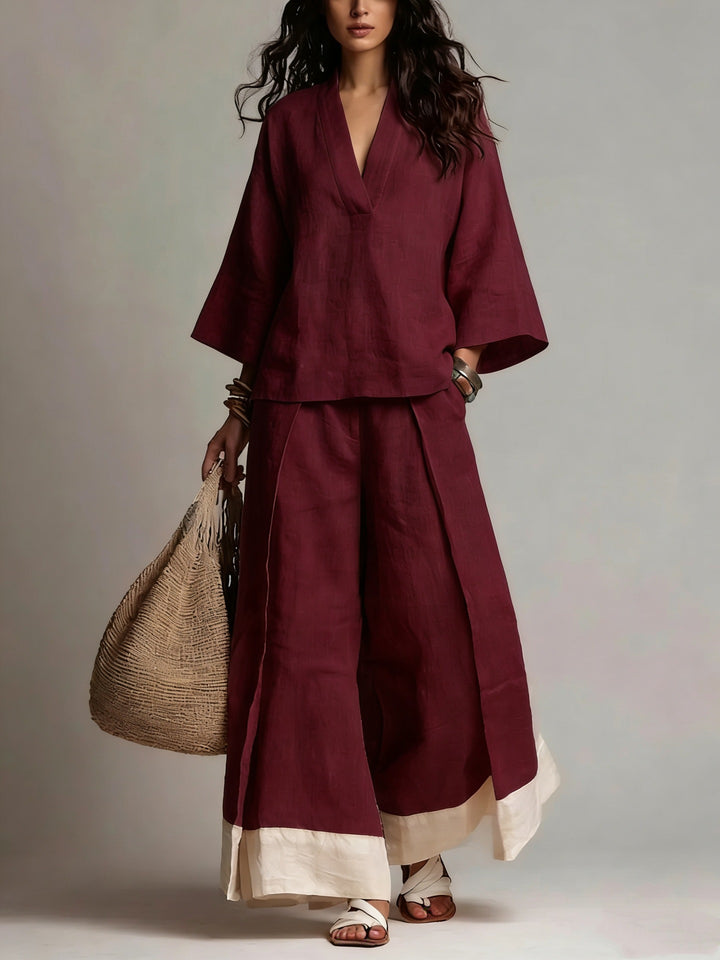 Women's linen two-piece set with wide palazzo pants V-neck and contrasting hem Mune Fashion