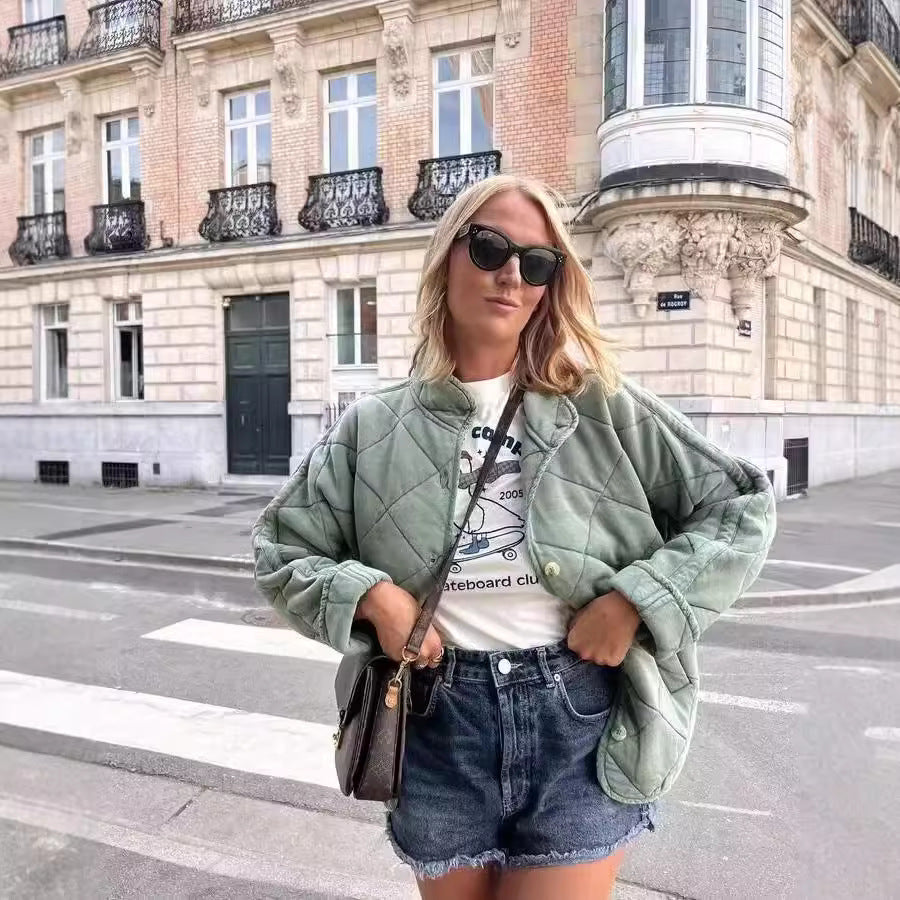 Women Padded Quilted Jacket with Stand-up Collar and Oversized Cut Mune Fashion