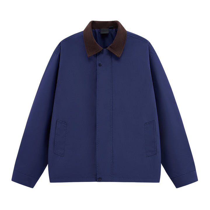 Men's loosely cut transitional jacket with cord collar, concealed snap button placket & side pockets Mune Fashion