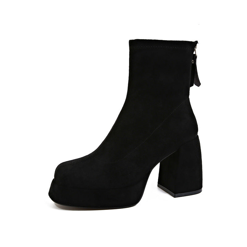 Women's platform ankle boots made of suede with a high block heel