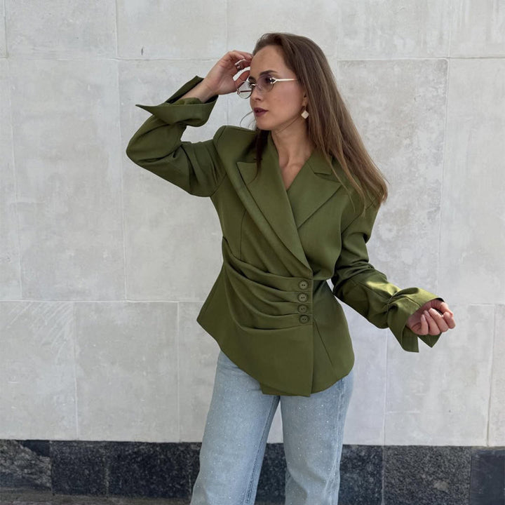Women's Tailored Blazer Set with Asymmetrical Button Closure and Relaxed Pleated Trousers Mune Fashion