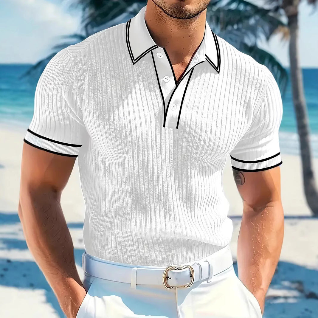 Men's fitted short-sleeve polo with Kent collar, short button placket, and fine vertical rib structure Mune Fashion