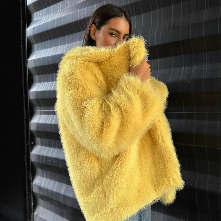 Women’s Short Oversized Faux Fur Coat with Voluminous Shawl Collar Mune Fashion