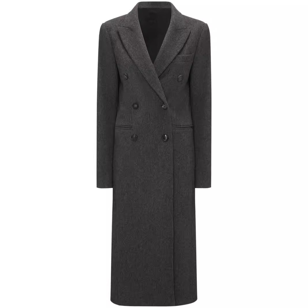 Women's double-breasted long coat in tailoring look with slim silhouette and distinctive shoulder Mune Fashion