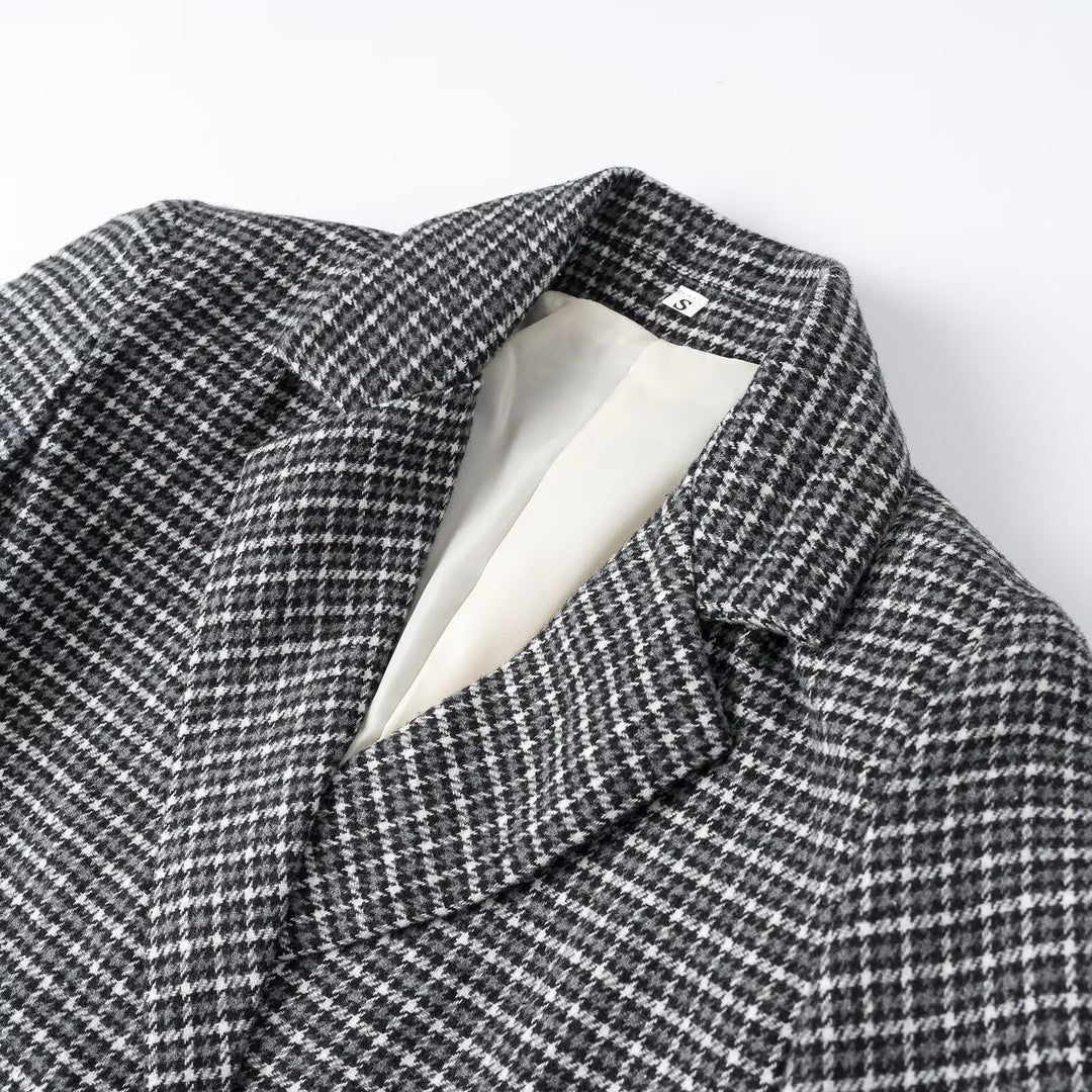 Women Cropped Wool Blend Blazer with Houndstooth Pattern and Double-Breasted Button Placket Mune Fashion