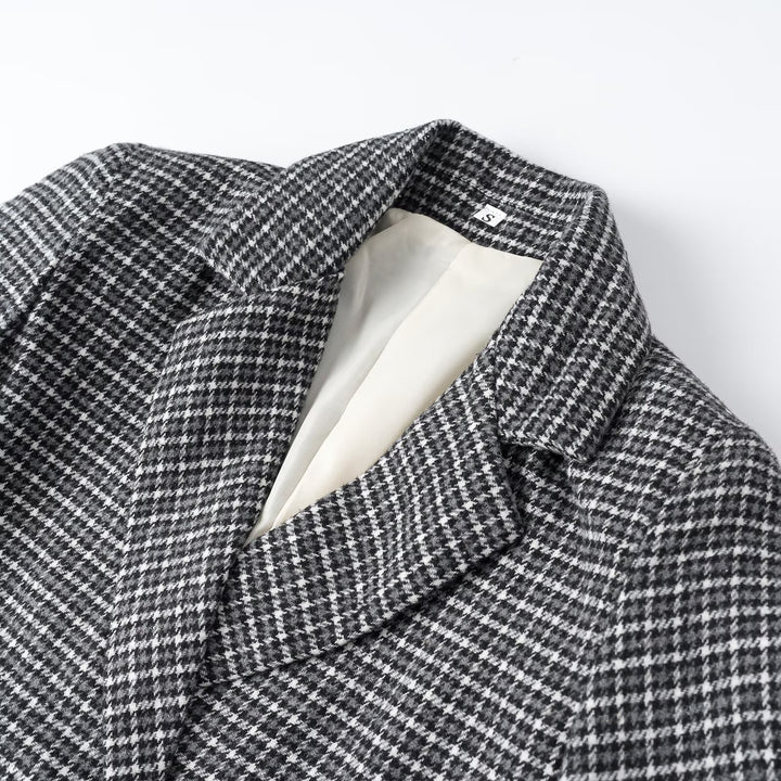 Women Cropped Wool Blend Blazer with Houndstooth Pattern and Double-Breasted Button Placket Mune Fashion