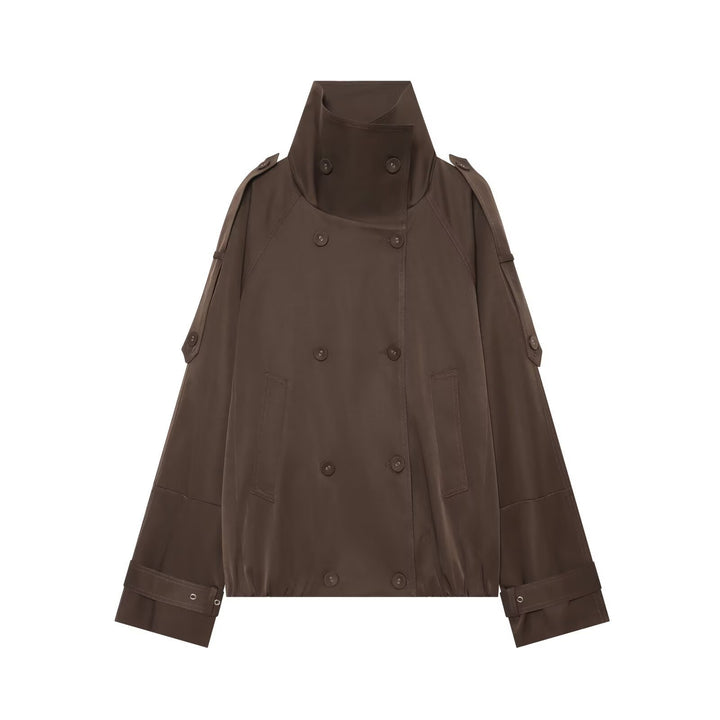 Women's Cape-like Short Double-breasted Trench Coat with High Stand Collar and Adjustable Cuffs Mune Fashion