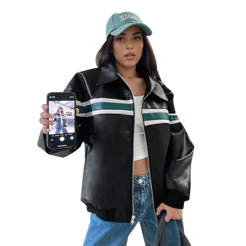 Women's Faux Leather Bomber Jacket with Retro Stripes and Full Zip Mune Fashion