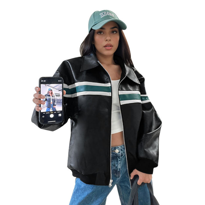 Women's Faux Leather Bomber Jacket with Retro Stripes and Full Zip Mune Fashion