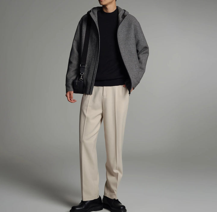 Men's Short Wool Blend Zipped Hoodie with Elastic Hem Mune Fashion