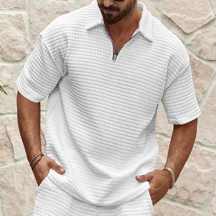 Men's polo collar ensemble with quilted box pattern, short front zipper and loose fit Mune Fashion