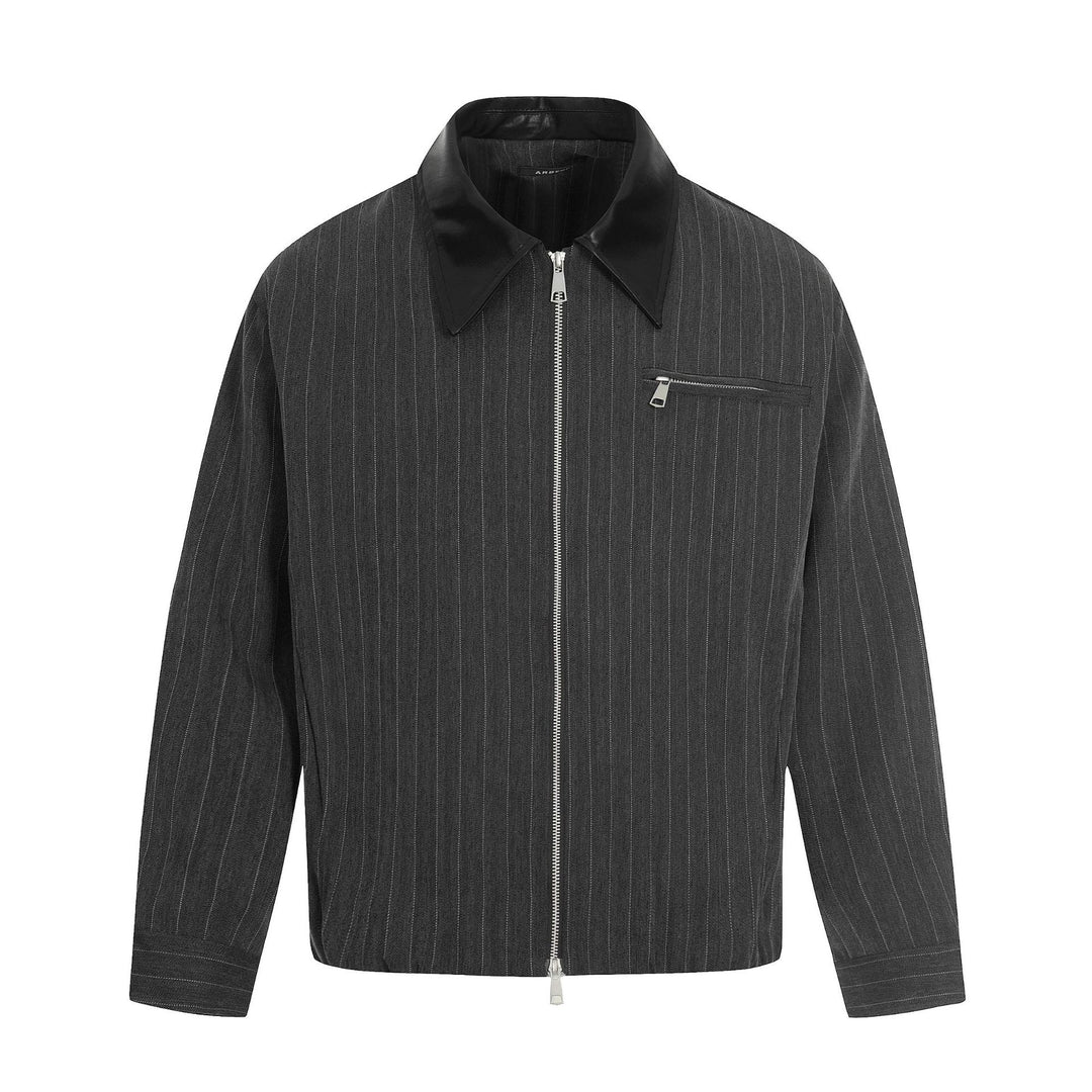 Men's Short Boxy Blouson Jacket in Linen Look with Leather Collar Mune Fashion
