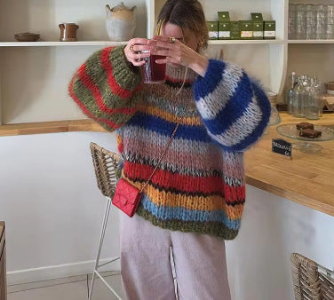 Women's Cozy Knit Sweater with Flared Sleeves and Colorful Stripe Pattern Mune