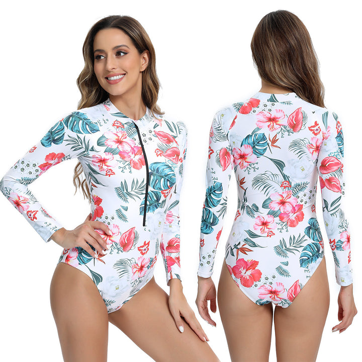 Women Long Sleeve Swimsuit with Zipper and Modern Marble Design Mune Fashion