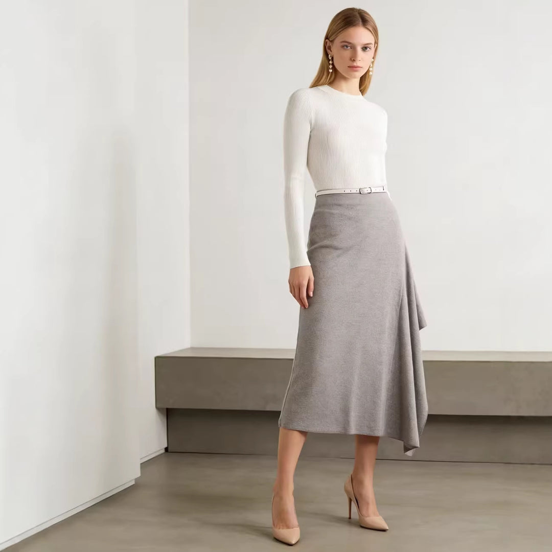 Women's Asymmetrical Midi Skirt made of Fine Knit with Draped Side Slit Mune Fashion