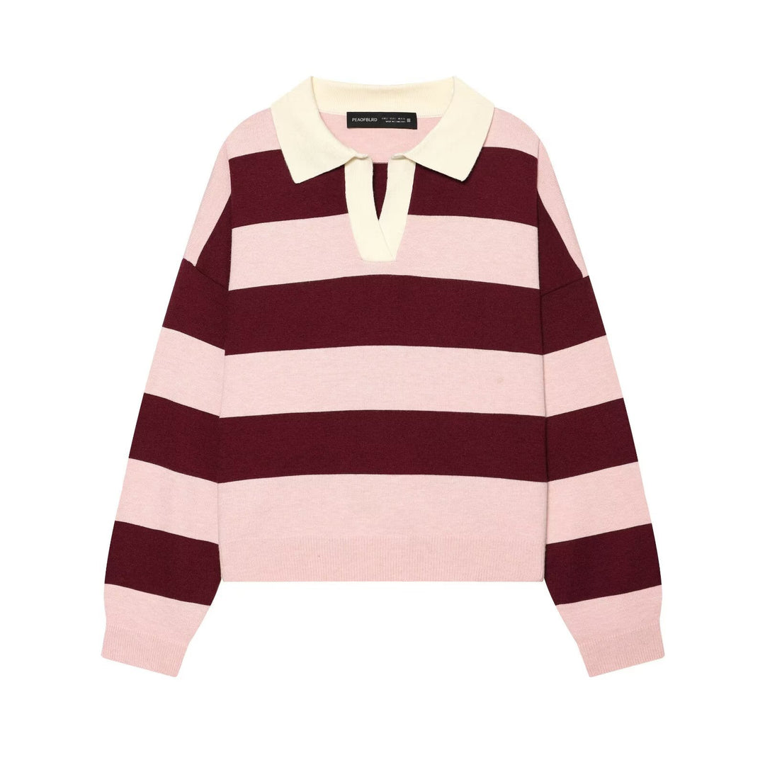 Women Oversized Rugby Sweater with Polo Collar and Wide Block Stripes Mune Fashion