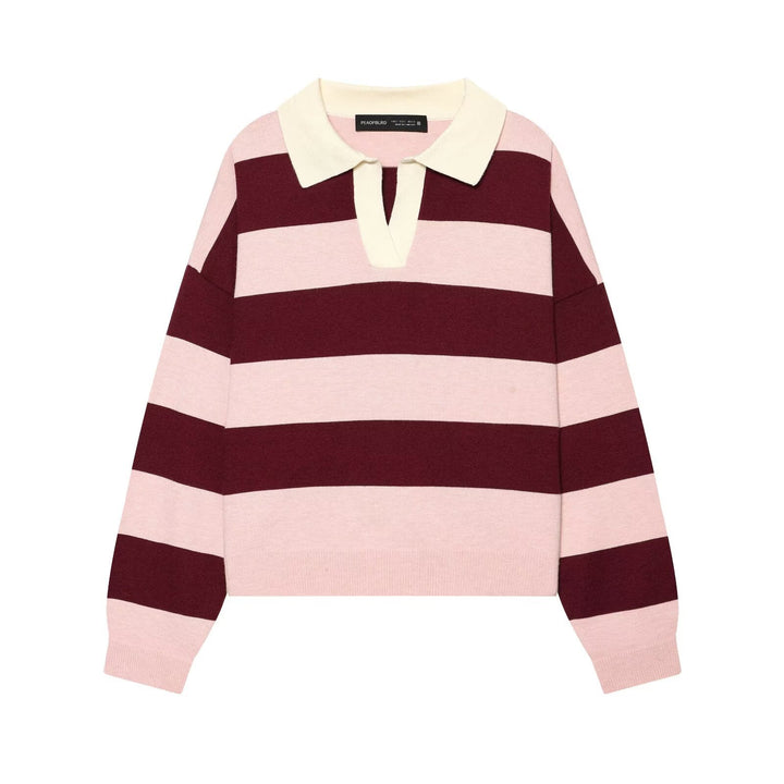 Women Oversized Rugby Sweater with Polo Collar and Wide Block Stripes Mune Fashion