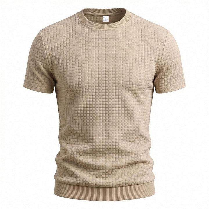 Men's short-sleeved knit shirt with embossed check structure, round neckline, and ribbed hem Mune Fashion