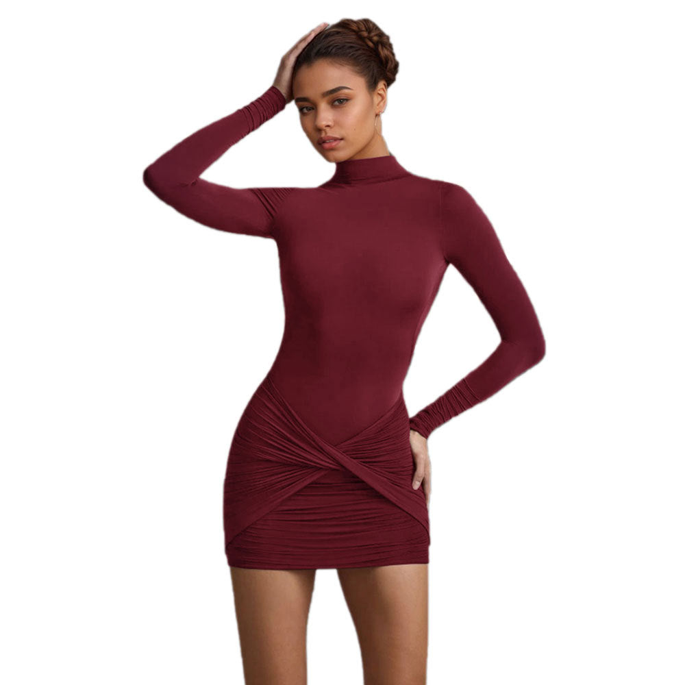 Women's form-fitting long-sleeve mini dress with stand-up collar, tailored sculpting silhouette and ruched twist skirt Mune Fashion