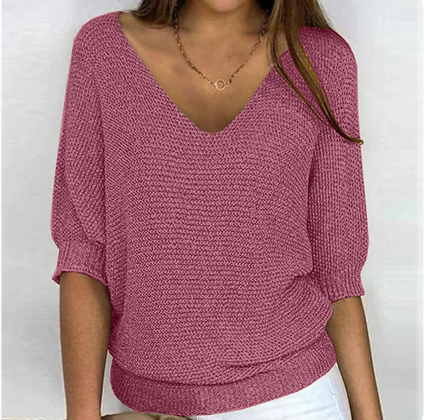 Women's casual knit sweater with V-neck and bat sleeves Mune Fashion