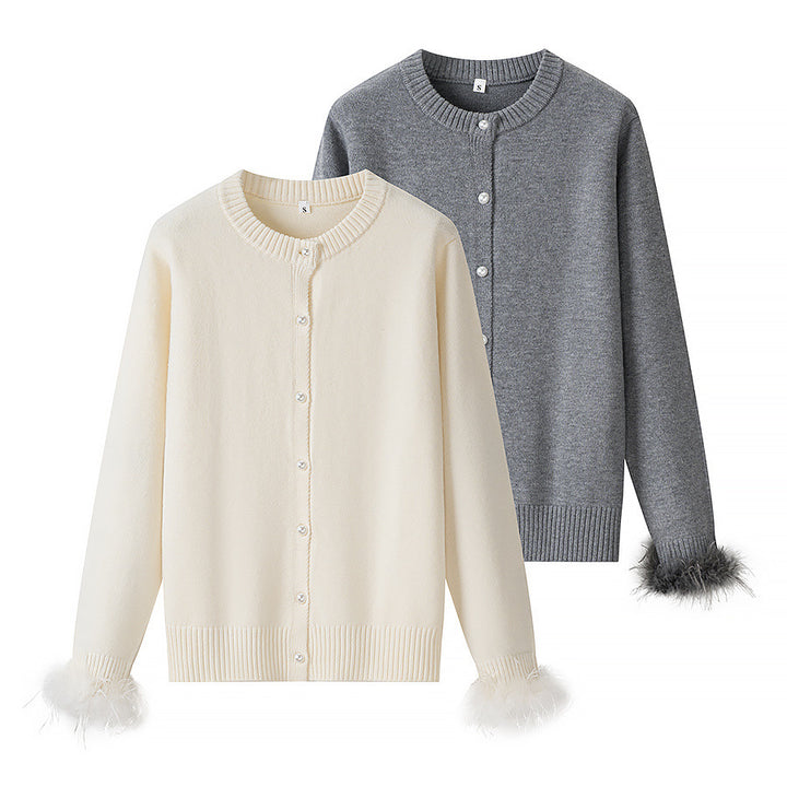 Women's knitted cardigan with pearl-button placket and feather trim Mune Fashion