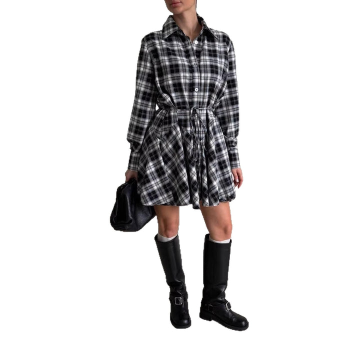 Women's Checked Shirt Blouse Mini Dress with Flared Ruffle Waist Mune Fashion