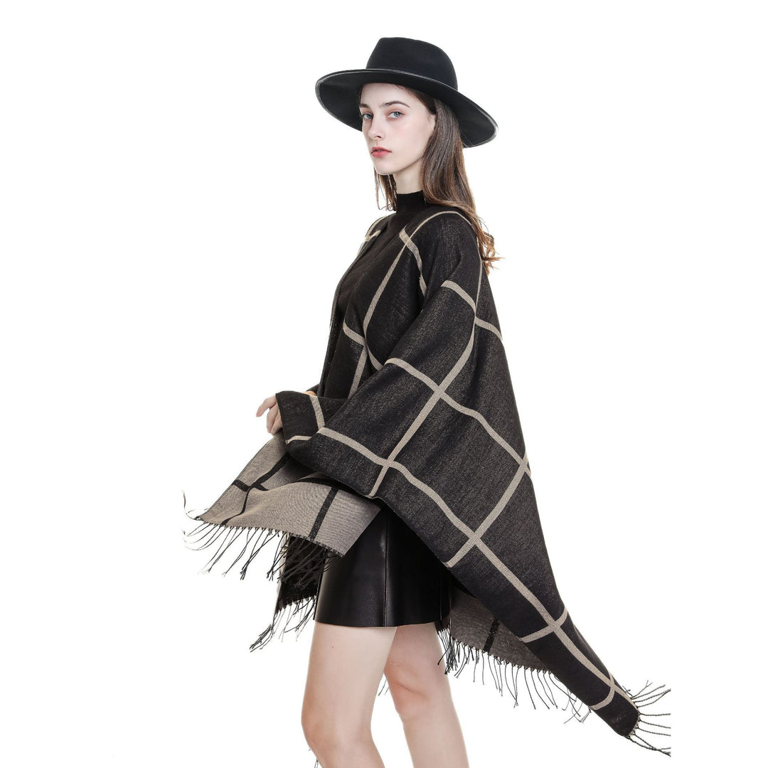 Ladies' Collarless Wool Blend Cloak with Large Check Pattern and Fringed Hem